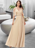 Mariela A-Line V-neck Floor-Length Chiffon Bridesmaid Dress With Ruffle Split Front STAP0013267