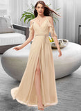 Mariela A-Line V-neck Floor-Length Chiffon Bridesmaid Dress With Ruffle Split Front STAP0013267