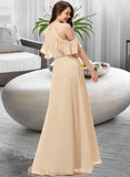 Mariela A-Line V-neck Floor-Length Chiffon Bridesmaid Dress With Ruffle Split Front STAP0013267