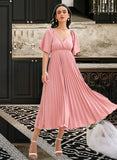 Aryanna A-LineV-neckTea-LengthBridesmaidDressWithPleated#273656 STAP0013273