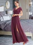 Viv A-Line V-neck Floor-Length Bridesmaid Dress With Ruffle Split Front STAP0013276