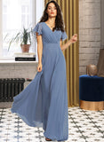 Makena A-Line V-neck Floor-Length Bridesmaid Dress With Lace STAP0013278