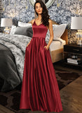 Renee A-Line V-neck Floor-Length Satin Bridesmaid Dress With Pockets STAP0013279