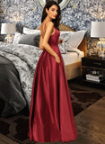 Renee A-Line V-neck Floor-Length Satin Bridesmaid Dress With Pockets STAP0013279