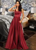 Renee A-Line V-neck Floor-Length Satin Bridesmaid Dress With Pockets STAP0013279