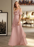 Taniya A-Line V-neck Floor-Length Bridesmaid Dress With Ruffle STAP0013289