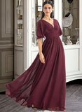 Lia A-Line V-neck Floor-Length Bridesmaid Dress With Ruffle STAP0013292