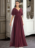 Lia A-Line V-neck Floor-Length Bridesmaid Dress With Ruffle STAP0013292