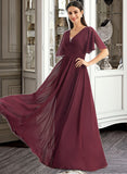 Lia A-Line V-neck Floor-Length Bridesmaid Dress With Ruffle STAP0013292