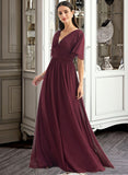 Lia A-Line V-neck Floor-Length Bridesmaid Dress With Ruffle STAP0013292