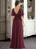 Lia A-Line V-neck Floor-Length Bridesmaid Dress With Ruffle STAP0013292