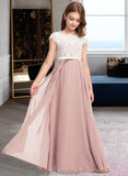 Erika A-Line Scoop Neck Floor-Length Chiffon Lace Junior Bridesmaid Dress With Bow(s) STAP0013305