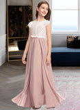 Erika A-Line Scoop Neck Floor-Length Chiffon Lace Junior Bridesmaid Dress With Bow(s) STAP0013305