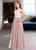 Erika A-Line Scoop Neck Floor-Length Chiffon Lace Junior Bridesmaid Dress With Bow(s) STAP0013305