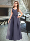 Cadence A-Line V-neck Floor-Length Chiffon Junior Bridesmaid Dress With Ruffle STAP0013307