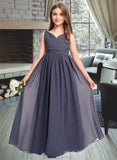 Cadence A-Line V-neck Floor-Length Chiffon Junior Bridesmaid Dress With Ruffle STAP0013307