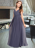 Cadence A-Line V-neck Floor-Length Chiffon Junior Bridesmaid Dress With Ruffle STAP0013307