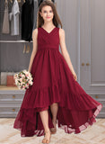 Lia A-Line V-neck Asymmetrical Chiffon Junior Bridesmaid Dress With Bow(s) Cascading Ruffles STAP0013310