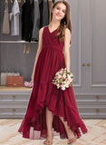 Lia A-Line V-neck Asymmetrical Chiffon Junior Bridesmaid Dress With Bow(s) Cascading Ruffles STAP0013310