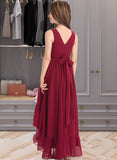 Lia A-Line V-neck Asymmetrical Chiffon Junior Bridesmaid Dress With Bow(s) Cascading Ruffles STAP0013310