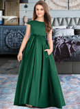 Micah Ball-Gown/Princess Scoop Neck Floor-Length Satin Lace Junior Bridesmaid Dress With Bow(s) Pockets STAP0013311