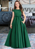 Micah Ball-Gown/Princess Scoop Neck Floor-Length Satin Lace Junior Bridesmaid Dress With Bow(s) Pockets STAP0013311