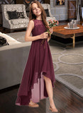 Laila A-Line Scoop Neck Asymmetrical Chiffon Lace Junior Bridesmaid Dress With Bow(s) STAP0013312