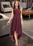 Laila A-Line Scoop Neck Asymmetrical Chiffon Lace Junior Bridesmaid Dress With Bow(s) STAP0013312