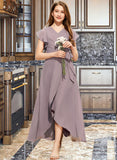 Hailey A-Line V-neck Asymmetrical Chiffon Junior Bridesmaid Dress With Ruffle Bow(s) STAP0013315