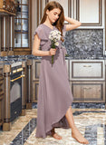 Hailey A-Line V-neck Asymmetrical Chiffon Junior Bridesmaid Dress With Ruffle Bow(s) STAP0013315