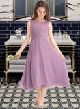 Janey A-Line Scoop Neck Tea-Length Chiffon Junior Bridesmaid Dress With Ruffle STAP0013317