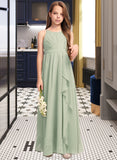 Pearl A-Line Scoop Neck Floor-Length Chiffon Junior Bridesmaid Dress With Cascading Ruffles STAP0013318