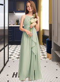 Pearl A-Line Scoop Neck Floor-Length Chiffon Junior Bridesmaid Dress With Cascading Ruffles STAP0013318