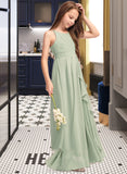 Pearl A-Line Scoop Neck Floor-Length Chiffon Junior Bridesmaid Dress With Cascading Ruffles STAP0013318