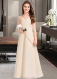 Lilian A-Line V-neck Floor-Length Satin Junior Bridesmaid Dress With Pockets STAP0013319