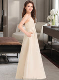 Lilian A-Line V-neck Floor-Length Satin Junior Bridesmaid Dress With Pockets STAP0013319