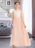 Sara A-Line Scoop Neck Floor-Length Chiffon Lace Junior Bridesmaid Dress STAP0013321