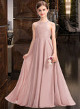 Melina A-Line Scoop Neck Floor-Length Chiffon Lace Junior Bridesmaid Dress STAP0013324