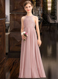 Melina A-Line Scoop Neck Floor-Length Chiffon Lace Junior Bridesmaid Dress STAP0013324