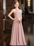 Melina A-Line Scoop Neck Floor-Length Chiffon Lace Junior Bridesmaid Dress STAP0013324