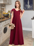 Izabelle A-Line V-neck Floor-Length Chiffon Junior Bridesmaid Dress With Cascading Ruffles STAP0013327