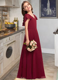 Izabelle A-Line V-neck Floor-Length Chiffon Junior Bridesmaid Dress With Cascading Ruffles STAP0013327