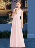 Lena A-Line V-neck Floor-Length Chiffon Junior Bridesmaid Dress With Ruffle STAP0013328