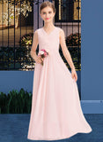 Lena A-Line V-neck Floor-Length Chiffon Junior Bridesmaid Dress With Ruffle STAP0013328