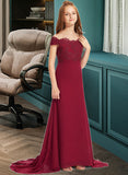 Lillian Trumpet/Mermaid Off-the-Shoulder Court Train Chiffon Lace Junior Bridesmaid Dress STAP0013330