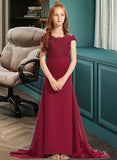 Lillian Trumpet/Mermaid Off-the-Shoulder Court Train Chiffon Lace Junior Bridesmaid Dress STAP0013330