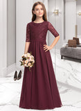 Elvira A-Line Scoop Neck Floor-Length Chiffon Lace Junior Bridesmaid Dress STAP0013336