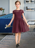 Claire A-Line Scoop Neck Knee-Length Chiffon Lace Junior Bridesmaid Dress With Bow(s) STAP0013339