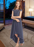 Iliana A-Line Scoop Neck Asymmetrical Chiffon Lace Junior Bridesmaid Dress STAP0013341