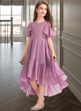 Kaylie A-Line V-neck Asymmetrical Chiffon Junior Bridesmaid Dress With Cascading Ruffles STAP0013342